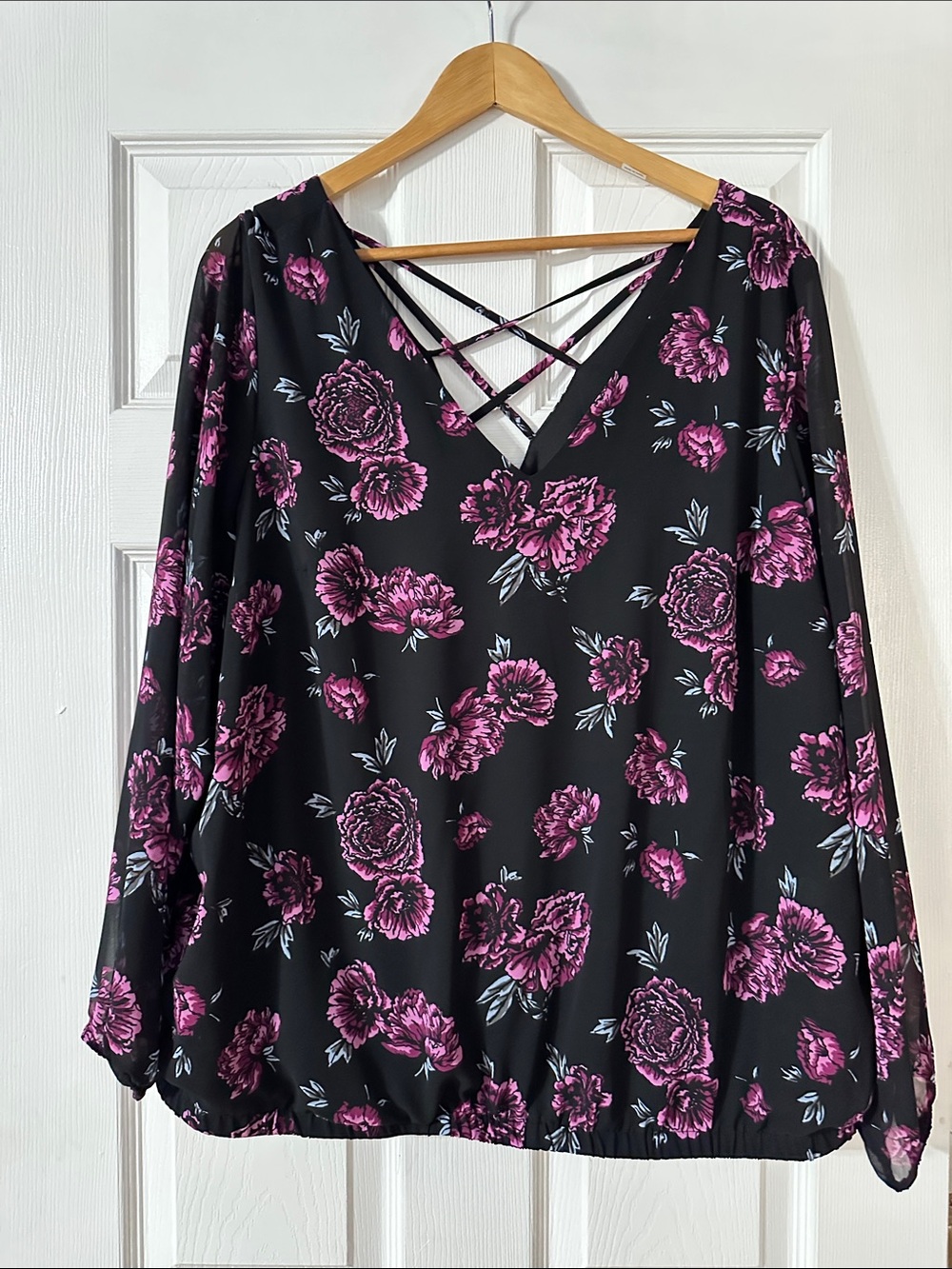 torrid Black Pink Floral V-Neck Tunic with Crisscross Straps